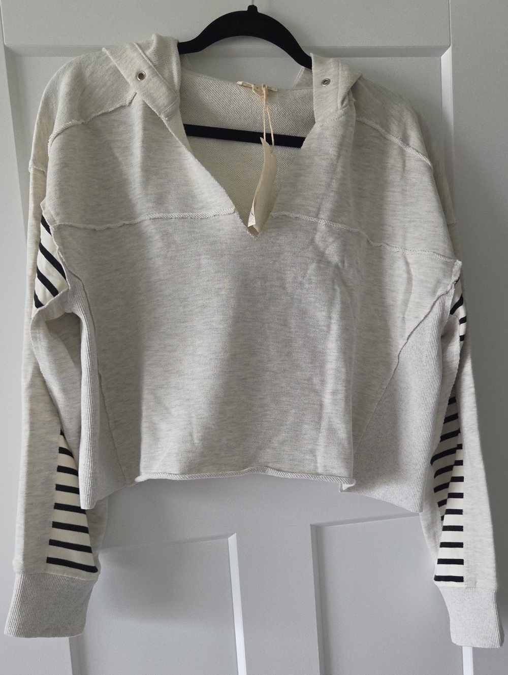 NWT Oatmeal Hooded Cropped Top with Striped Sleeve Accents